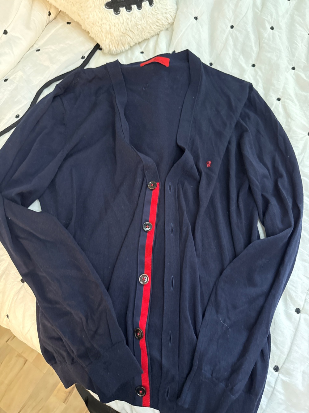 Carolina Herrera Navy Cardigan with Red Accent Trim